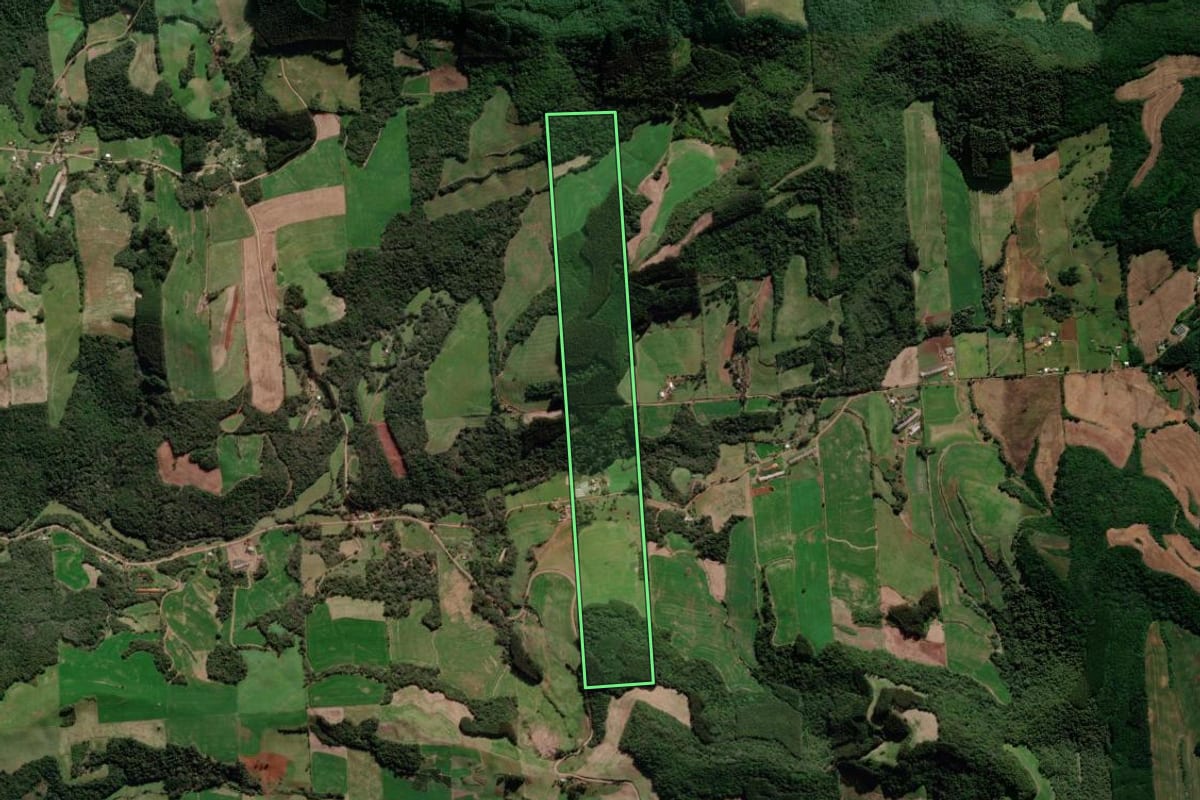 Imagem de satélite do imóvel rural em União da Serra (RS), com o contorno declarado no CAR desenhado por cima.