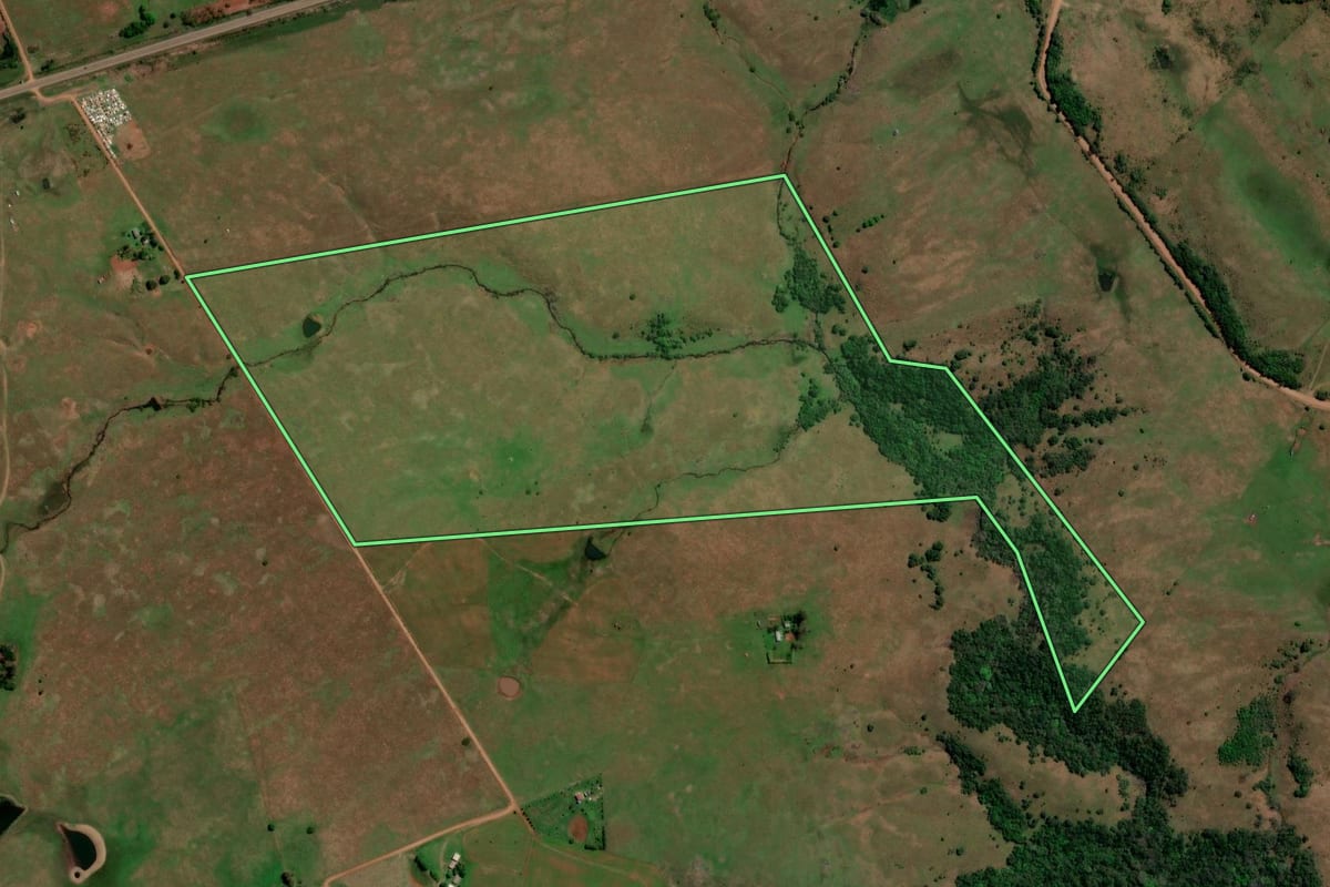 Imagem de satélite do imóvel rural em Unistalda (RS), com o contorno declarado no CAR desenhado por cima.