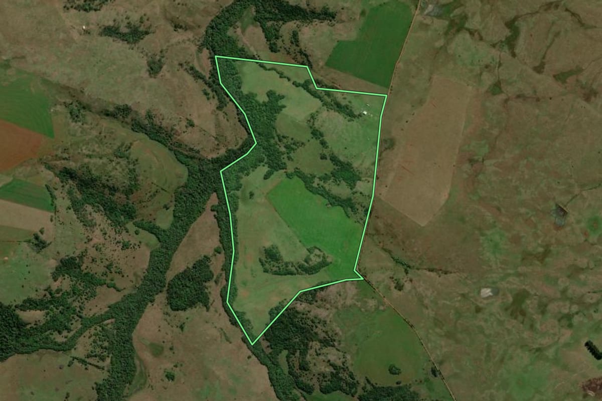 Imagem de satélite do imóvel rural em Unistalda (RS), com o contorno declarado no CAR desenhado por cima.