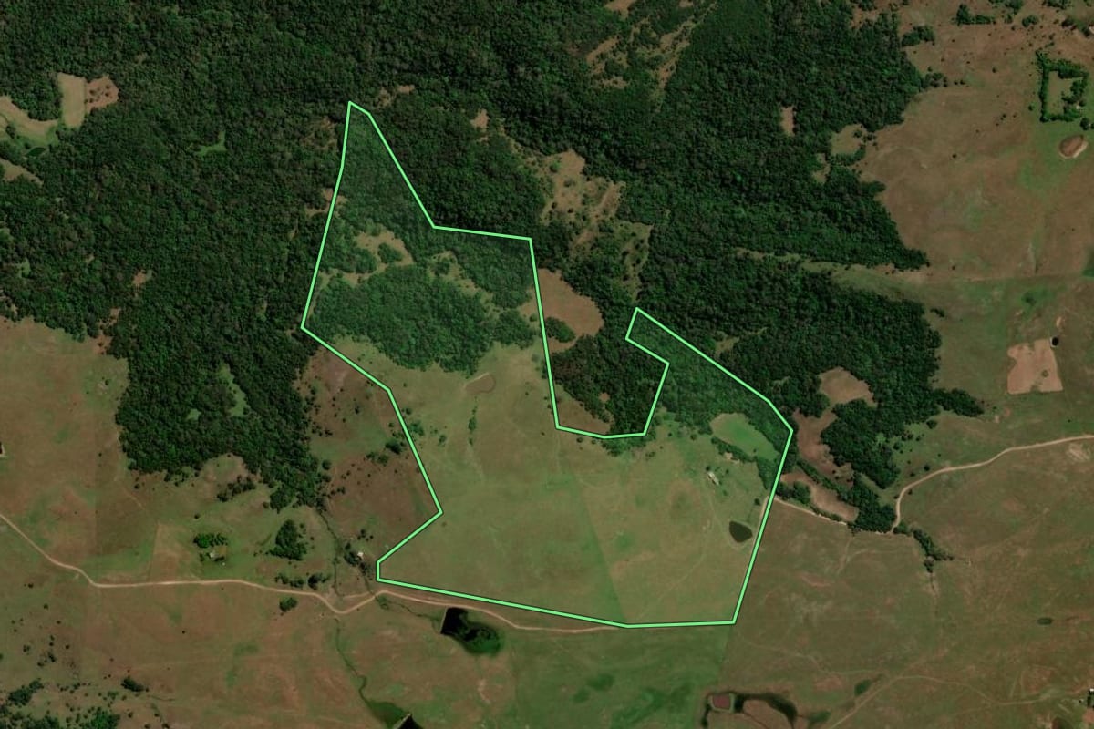 Imagem de satélite do imóvel rural em Unistalda (RS), com o contorno declarado no CAR desenhado por cima.