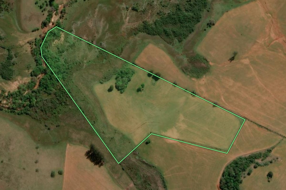 Imagem de satélite do imóvel rural em Unistalda (RS), com o contorno declarado no CAR desenhado por cima.