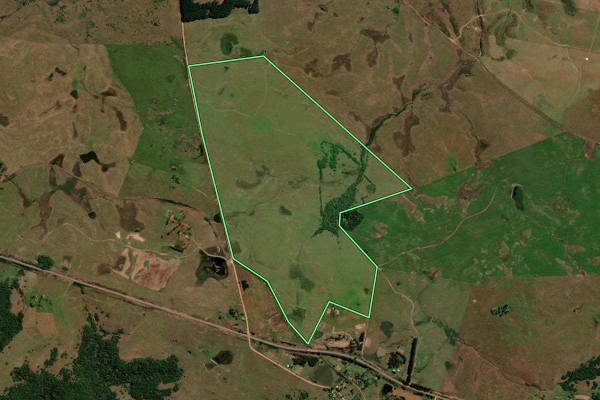 Imagem de satélite do imóvel rural em Unistalda (RS), com o contorno declarado no CAR desenhado por cima.