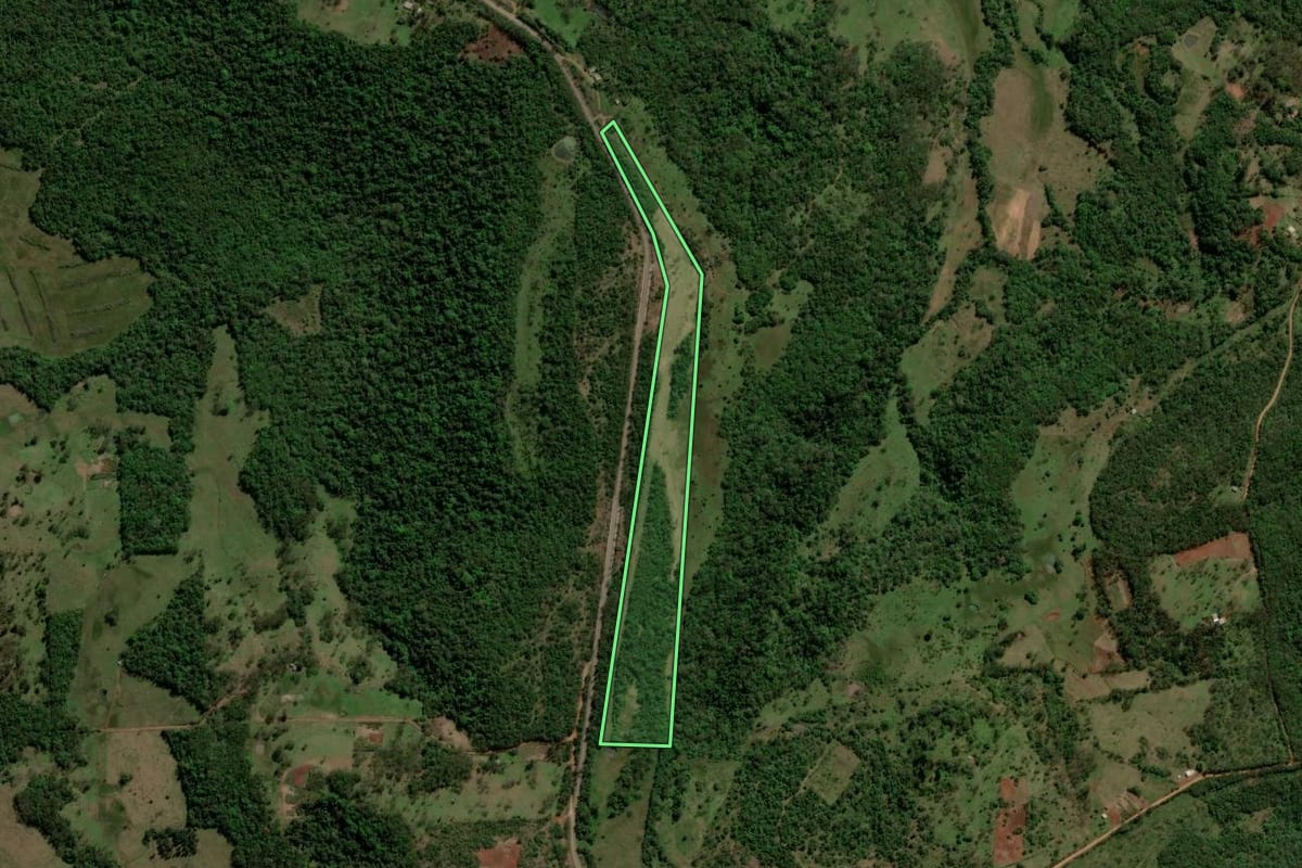 Imagem de satélite do imóvel rural em Unistalda (RS), com o contorno declarado no CAR desenhado por cima.
