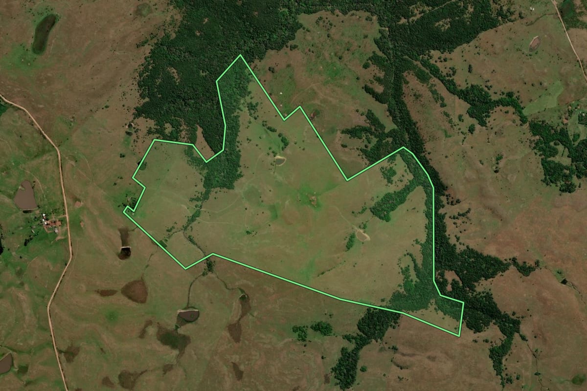 Imagem de satélite do imóvel rural em Unistalda (RS), com o contorno declarado no CAR desenhado por cima.