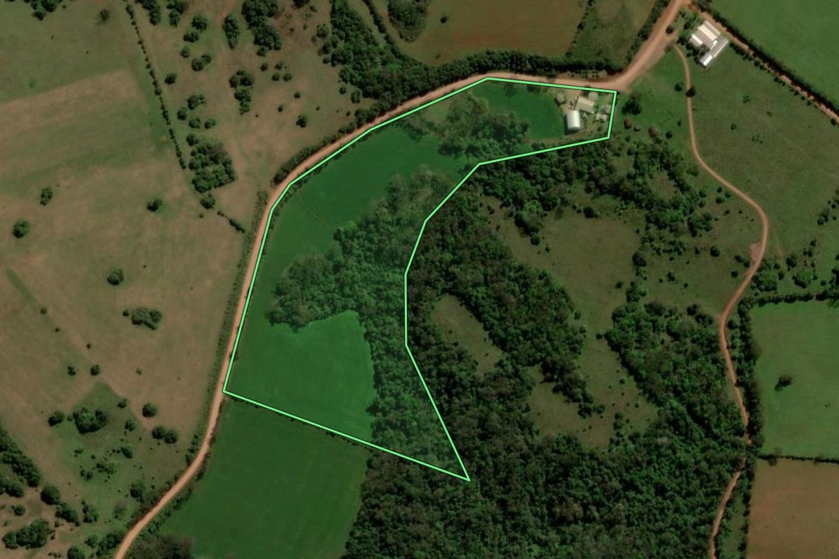 Imagem de satélite do imóvel rural em Unistalda (RS), com o contorno declarado no CAR desenhado por cima.