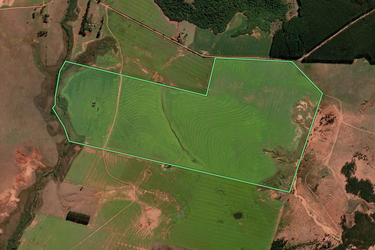 Imagem de satélite do imóvel rural em Unistalda (RS), com o contorno declarado no CAR desenhado por cima.