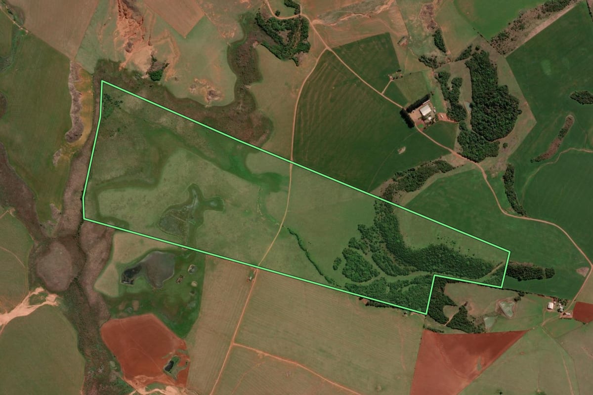 Imagem de satélite do imóvel rural em Unistalda (RS), com o contorno declarado no CAR desenhado por cima.