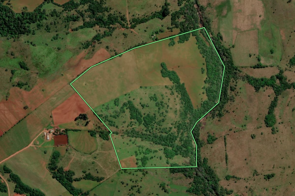 Imagem de satélite do imóvel rural em Unistalda (RS), com o contorno declarado no CAR desenhado por cima.