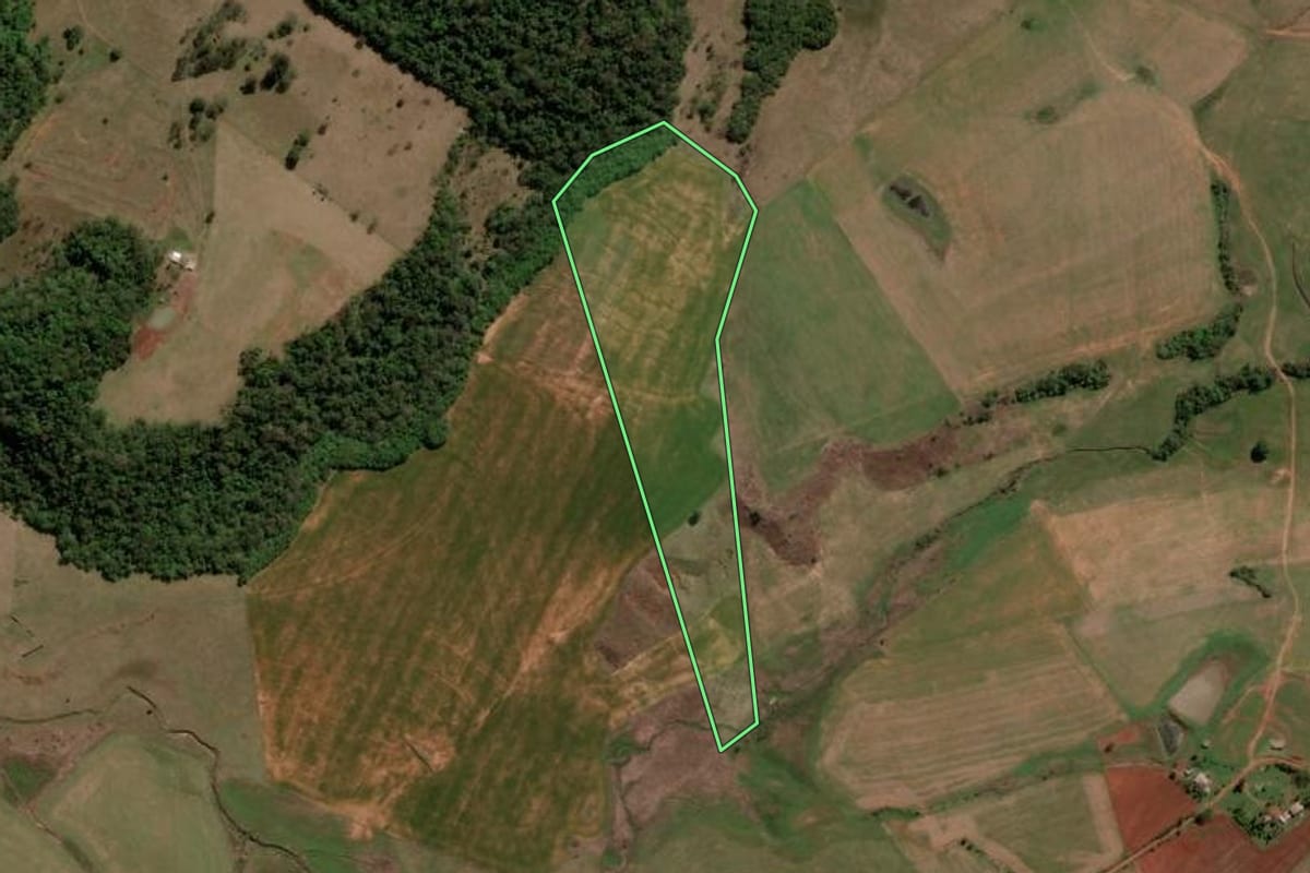 Imagem de satélite do imóvel rural em Unistalda (RS), com o contorno declarado no CAR desenhado por cima.
