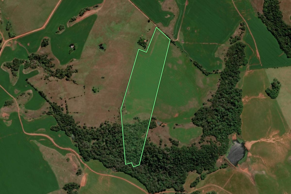 Imagem de satélite do imóvel rural em Unistalda (RS), com o contorno declarado no CAR desenhado por cima.