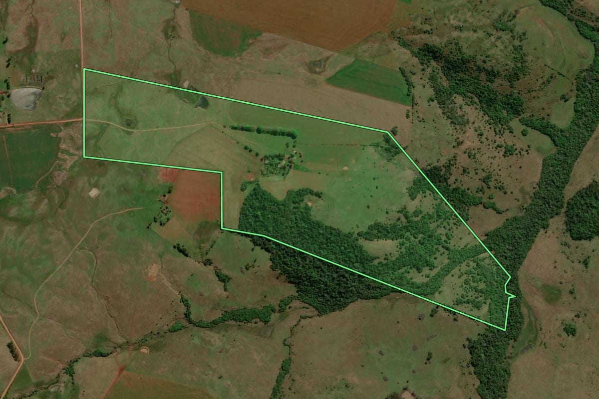 Imagem de satélite do imóvel rural em Unistalda (RS), com o contorno declarado no CAR desenhado por cima.