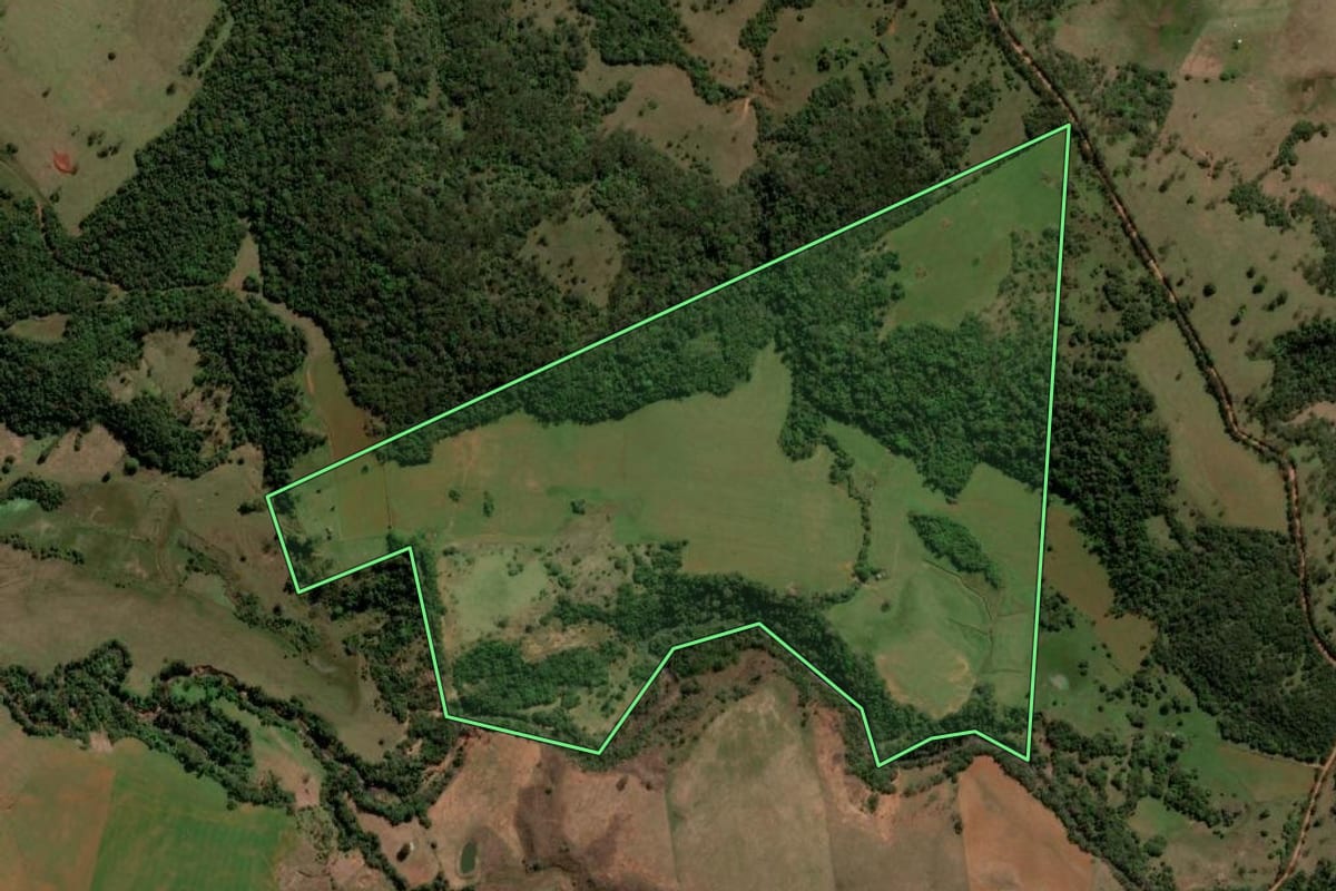 Imagem de satélite do imóvel rural em Unistalda (RS), com o contorno declarado no CAR desenhado por cima.