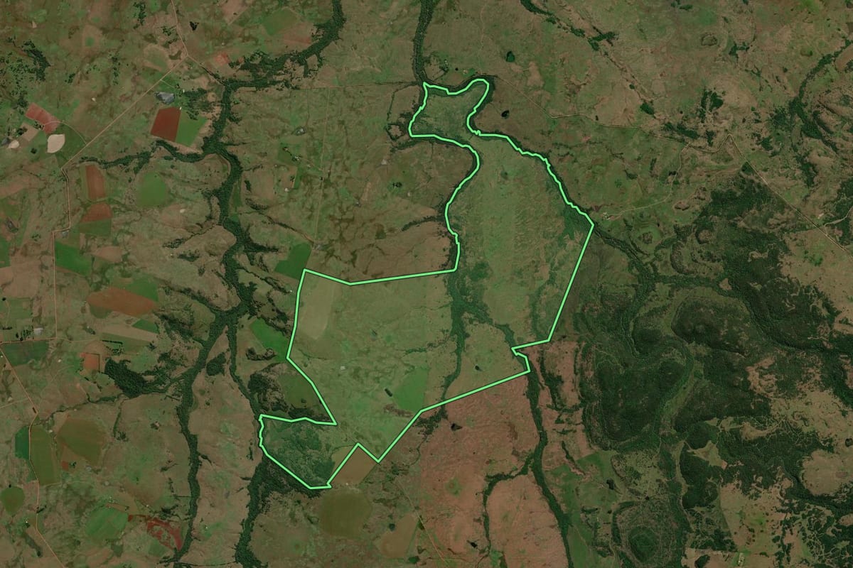 Imagem de satélite do imóvel rural em Unistalda (RS), com o contorno declarado no CAR desenhado por cima.