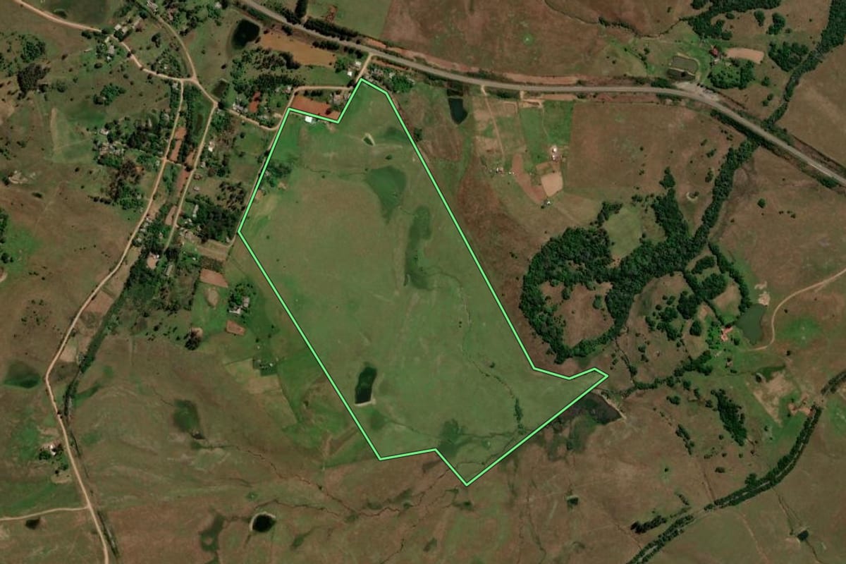 Imagem de satélite do imóvel rural em Unistalda (RS), com o contorno declarado no CAR desenhado por cima.