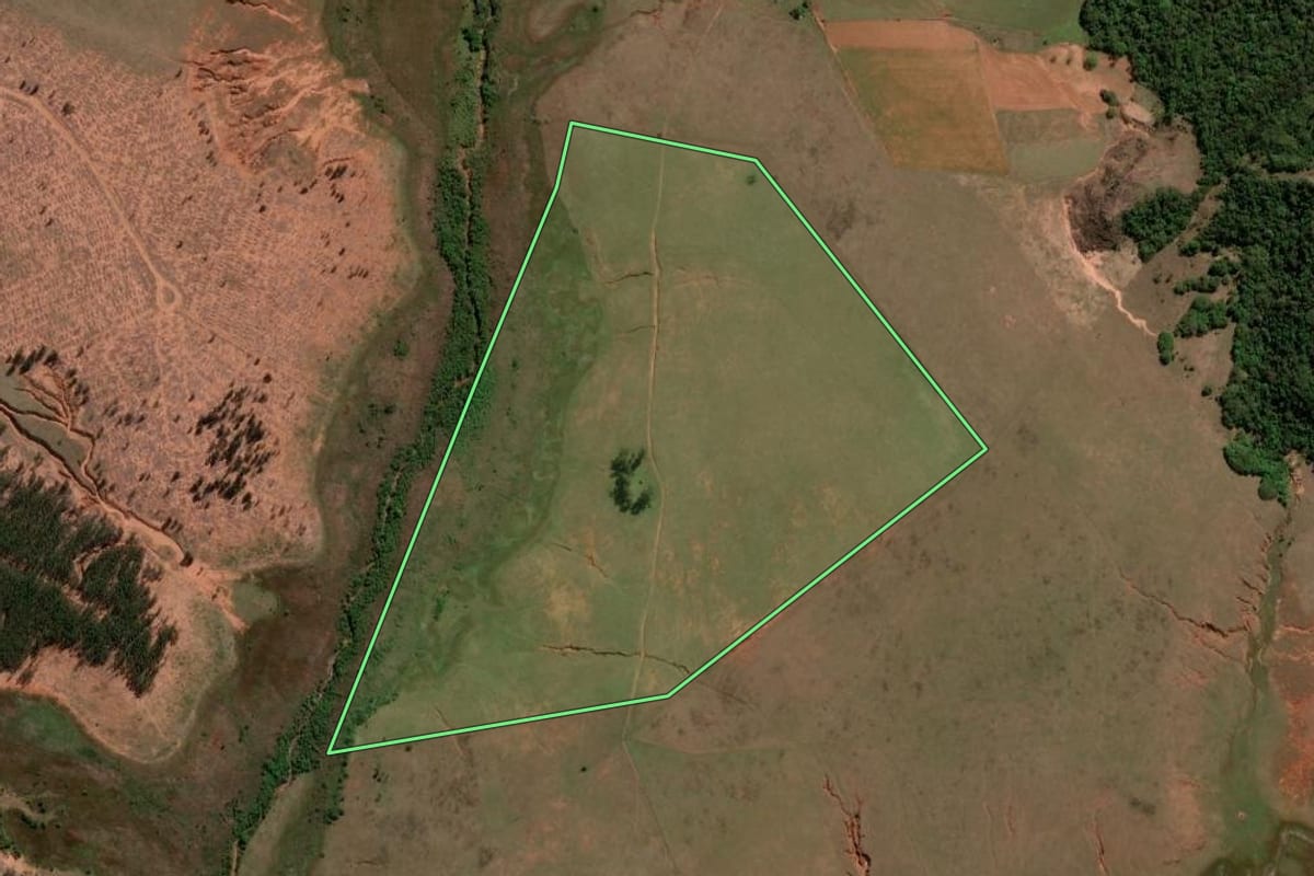 Imagem de satélite do imóvel rural em Unistalda (RS), com o contorno declarado no CAR desenhado por cima.