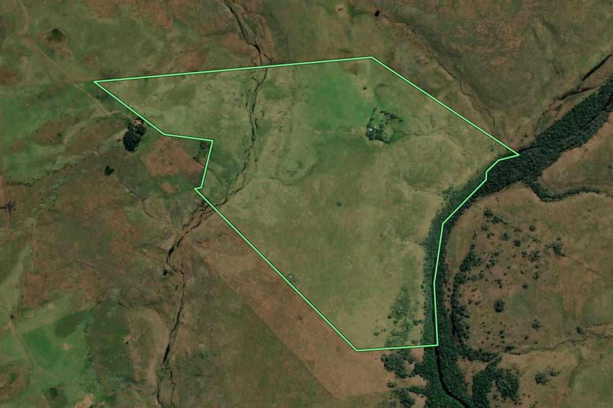 Imagem de satélite do imóvel rural em Uruguaiana (RS), com o contorno declarado no CAR desenhado por cima.