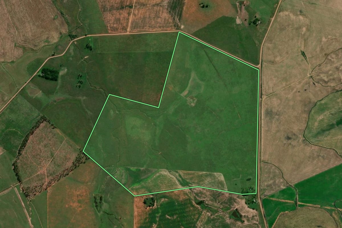 Imagem de satélite do imóvel rural em Uruguaiana (RS), com o contorno declarado no CAR desenhado por cima.