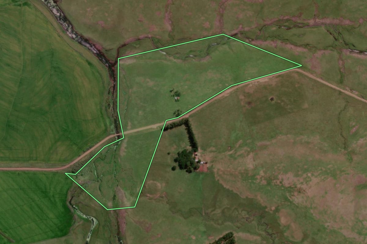 Imagem de satélite do imóvel rural em Uruguaiana (RS), com o contorno declarado no CAR desenhado por cima.