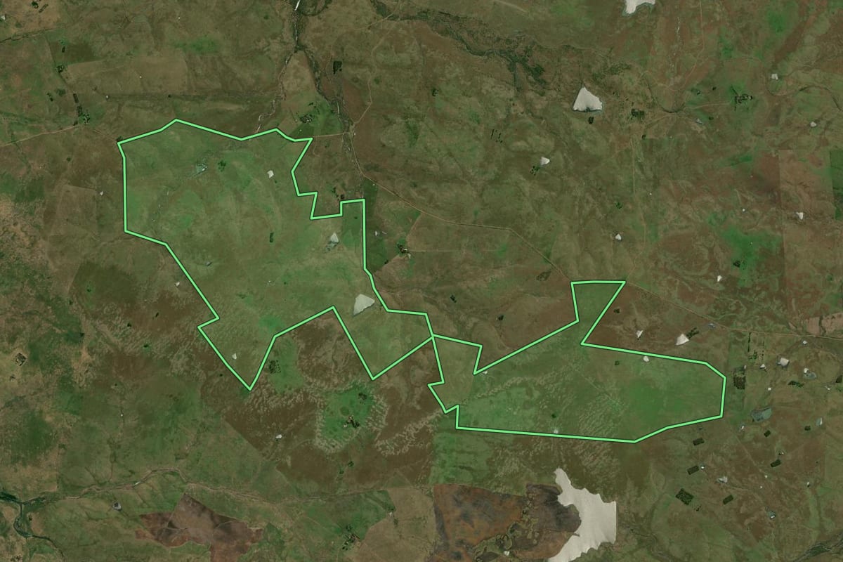 Imagem de satélite do imóvel rural em Uruguaiana (RS), com o contorno declarado no CAR desenhado por cima.