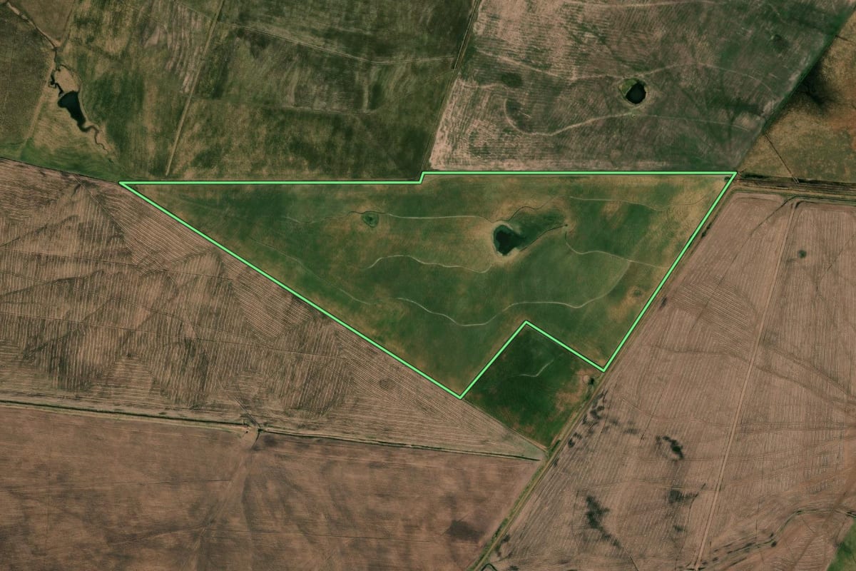 Imagem de satélite do imóvel rural em Uruguaiana (RS), com o contorno declarado no CAR desenhado por cima.