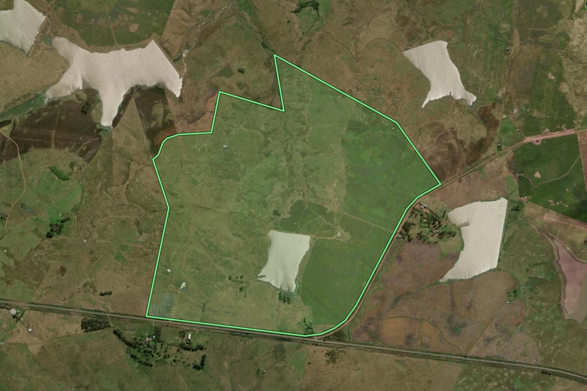 Imagem de satélite do imóvel rural em Uruguaiana (RS), com o contorno declarado no CAR desenhado por cima.
