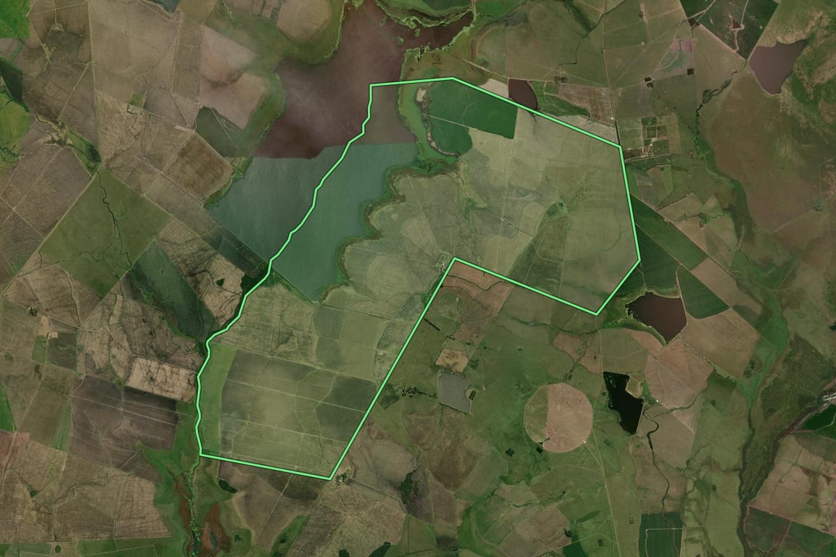 Imagem de satélite do imóvel rural em Uruguaiana (RS), com o contorno declarado no CAR desenhado por cima.