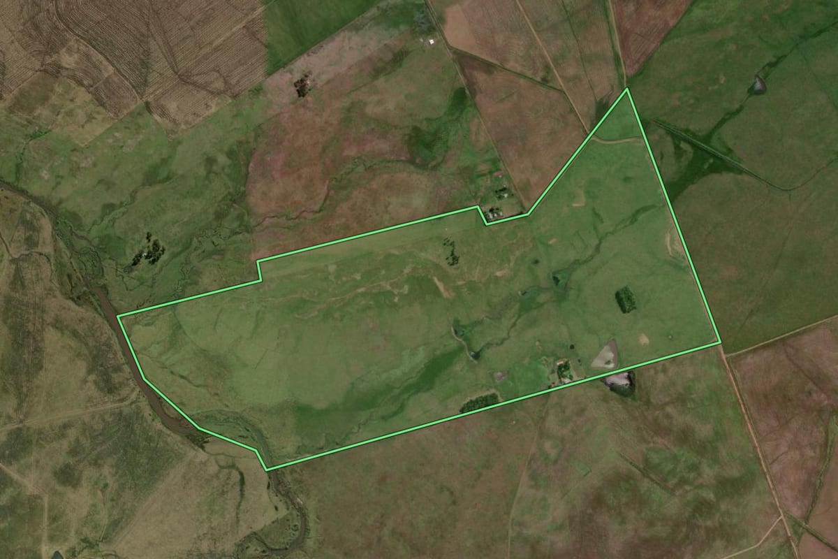 Imagem de satélite do imóvel rural em Uruguaiana (RS), com o contorno declarado no CAR desenhado por cima.