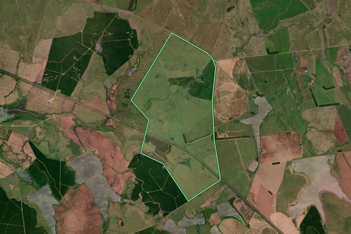 Imagem de satélite do imóvel rural em Uruguaiana (RS), com o contorno declarado no CAR desenhado por cima.