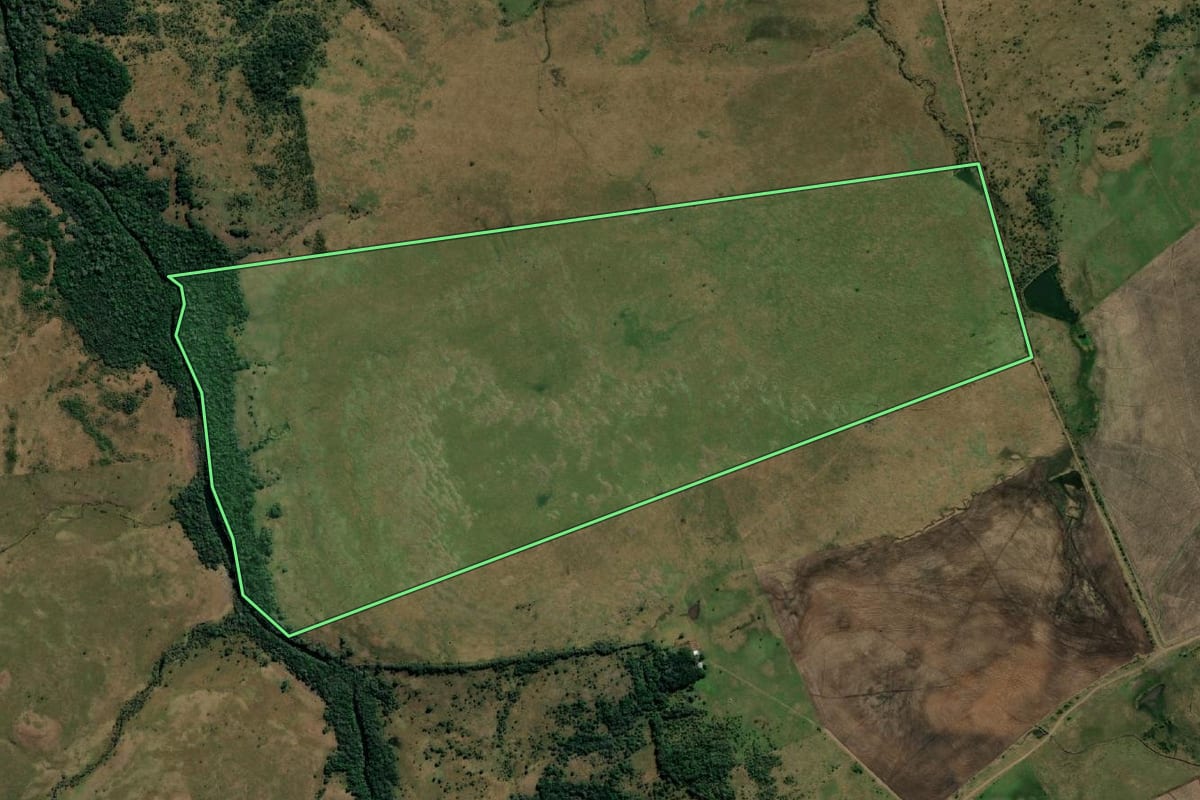 Imagem de satélite do imóvel rural em Uruguaiana (RS), com o contorno declarado no CAR desenhado por cima.