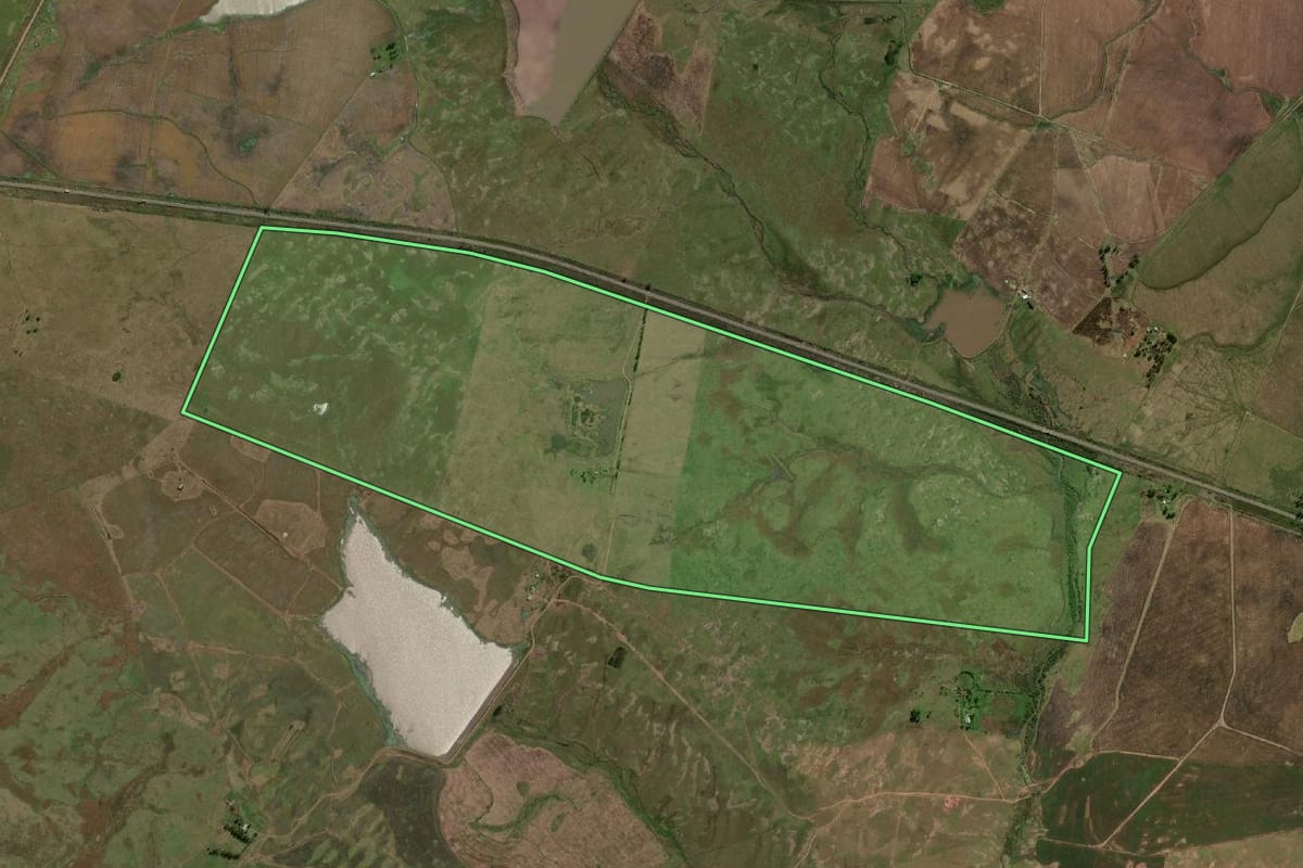 Imagem de satélite do imóvel rural em Uruguaiana (RS), com o contorno declarado no CAR desenhado por cima.