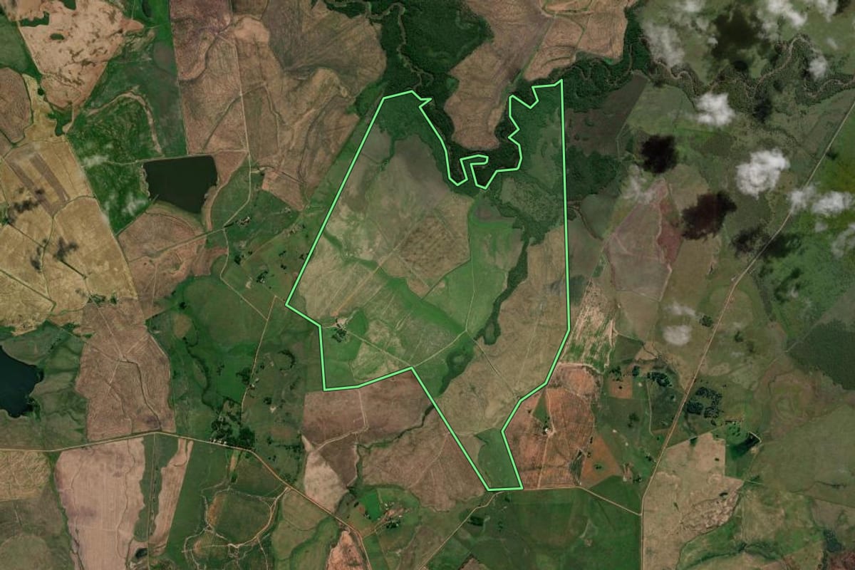 Imagem de satélite do imóvel rural em Uruguaiana (RS), com o contorno declarado no CAR desenhado por cima.