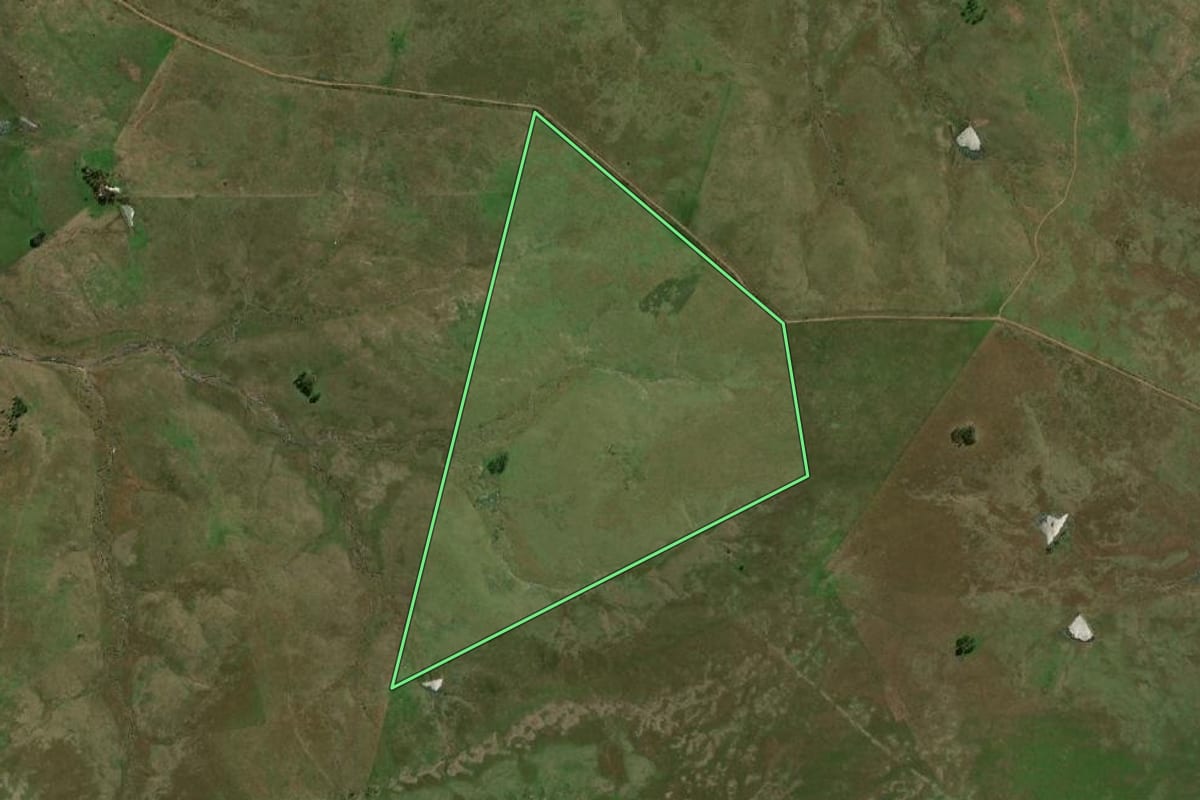Imagem de satélite do imóvel rural em Uruguaiana (RS), com o contorno declarado no CAR desenhado por cima.