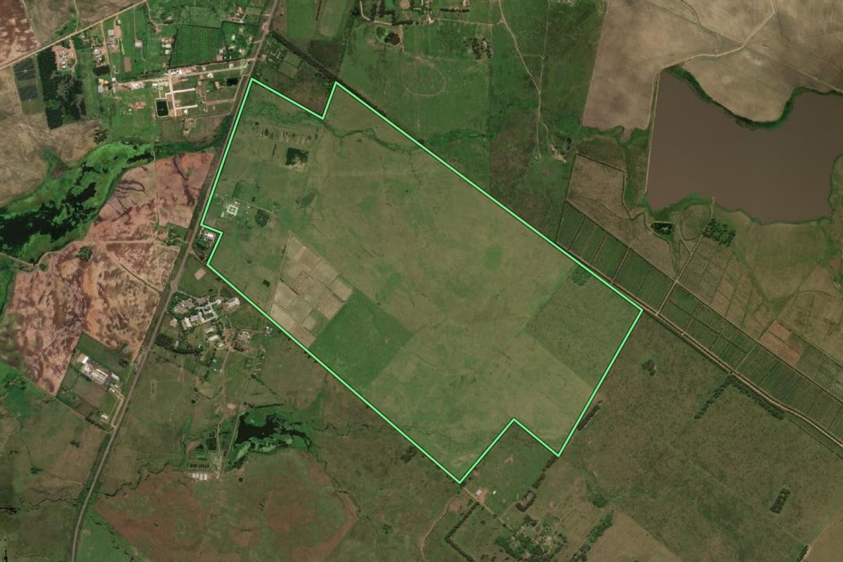 Imagem de satélite do imóvel rural em Uruguaiana (RS), com o contorno declarado no CAR desenhado por cima.