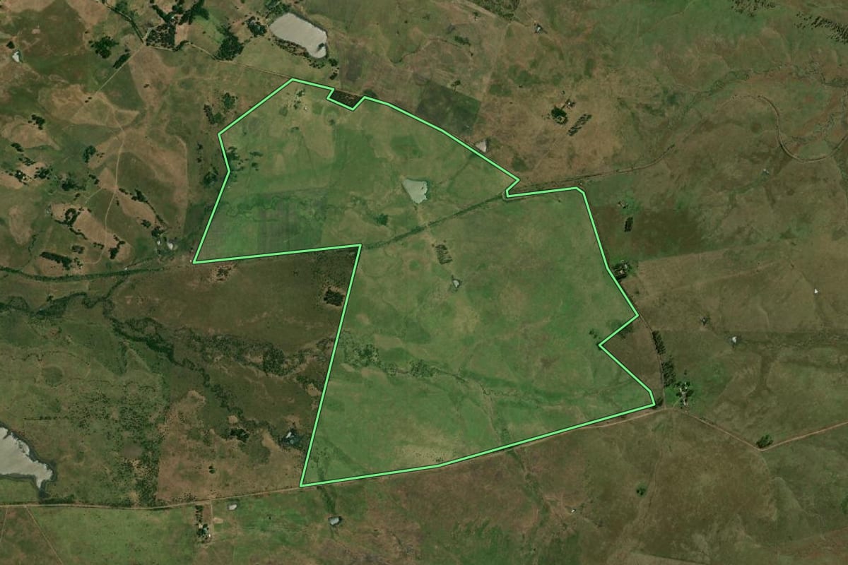 Imagem de satélite do imóvel rural em Uruguaiana (RS), com o contorno declarado no CAR desenhado por cima.