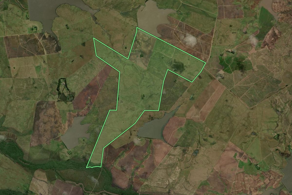 Imagem de satélite do imóvel rural em Uruguaiana (RS), com o contorno declarado no CAR desenhado por cima.
