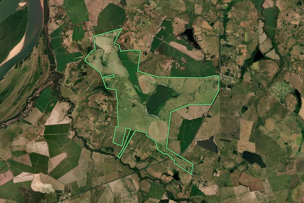 Imagem de satélite do imóvel rural em Uruguaiana (RS), com o contorno declarado no CAR desenhado por cima.