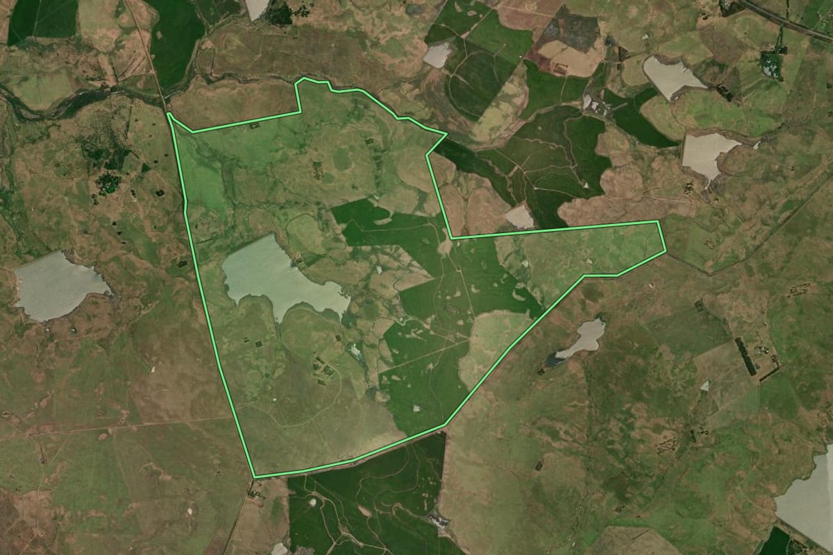 Imagem de satélite do imóvel rural em Uruguaiana (RS), com o contorno declarado no CAR desenhado por cima.