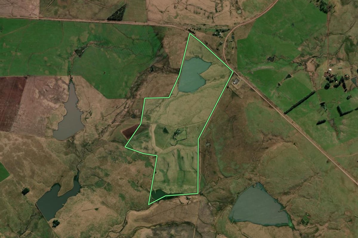 Imagem de satélite do imóvel rural em Uruguaiana (RS), com o contorno declarado no CAR desenhado por cima.