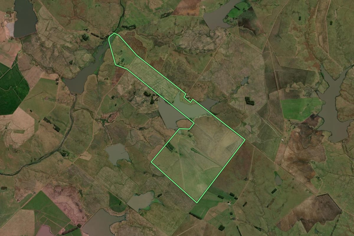 Imagem de satélite do imóvel rural em Uruguaiana (RS), com o contorno declarado no CAR desenhado por cima.