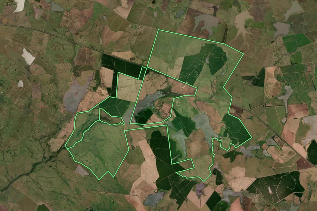 Imagem de satélite do imóvel rural em Uruguaiana (RS), com o contorno declarado no CAR desenhado por cima.