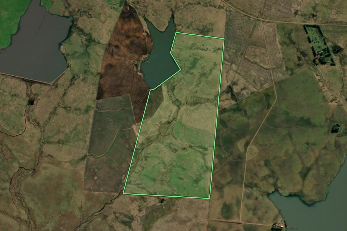 Imagem de satélite do imóvel rural em Uruguaiana (RS), com o contorno declarado no CAR desenhado por cima.