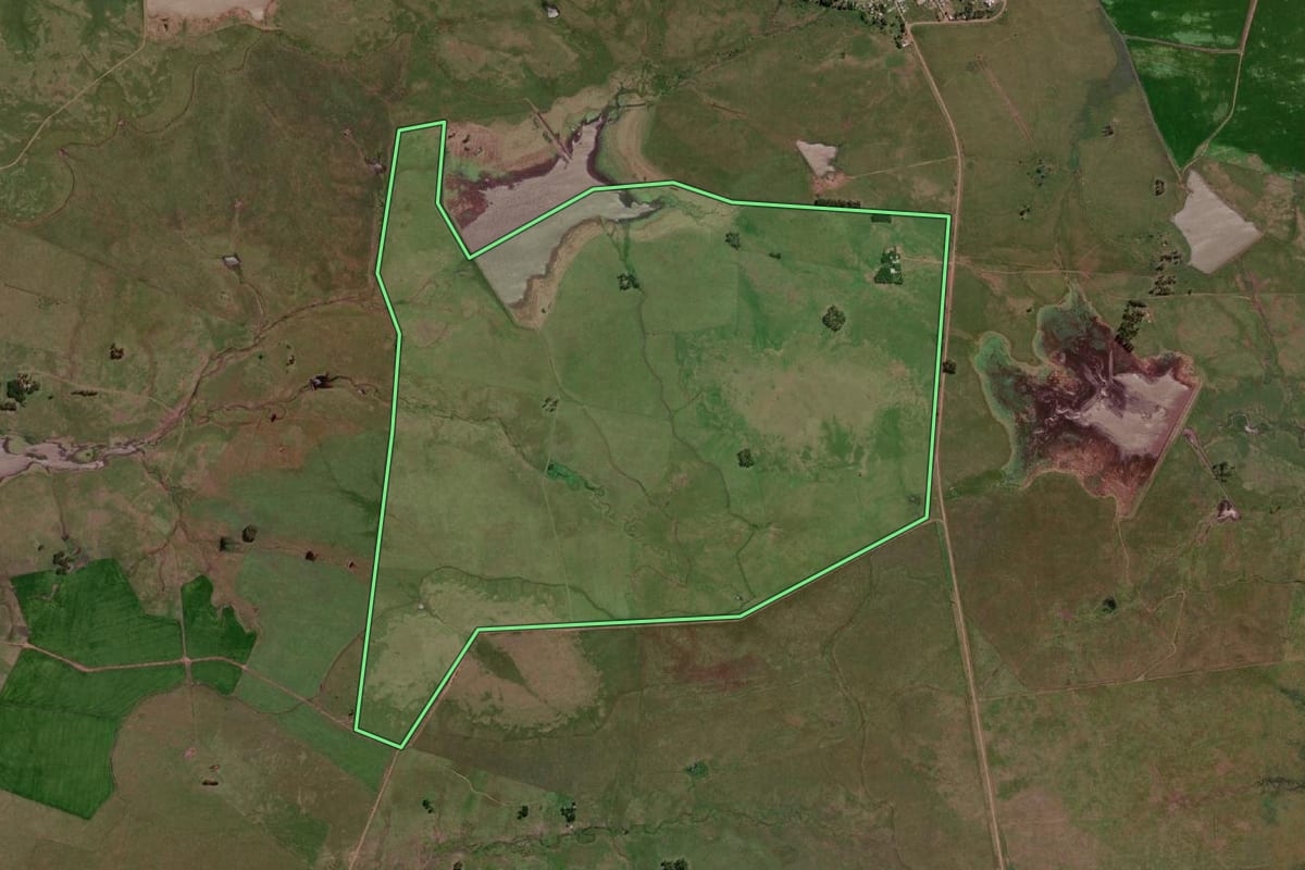 Imagem de satélite do imóvel rural em Uruguaiana (RS), com o contorno declarado no CAR desenhado por cima.