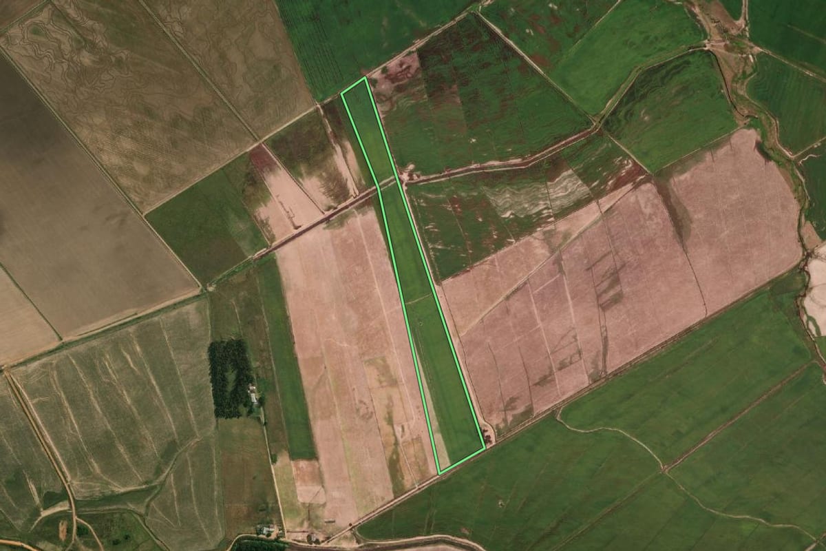 Imagem de satélite do imóvel rural em Uruguaiana (RS), com o contorno declarado no CAR desenhado por cima.