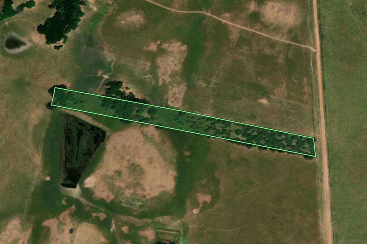 Imagem de satélite do imóvel rural em Uruguaiana (RS), com o contorno declarado no CAR desenhado por cima.