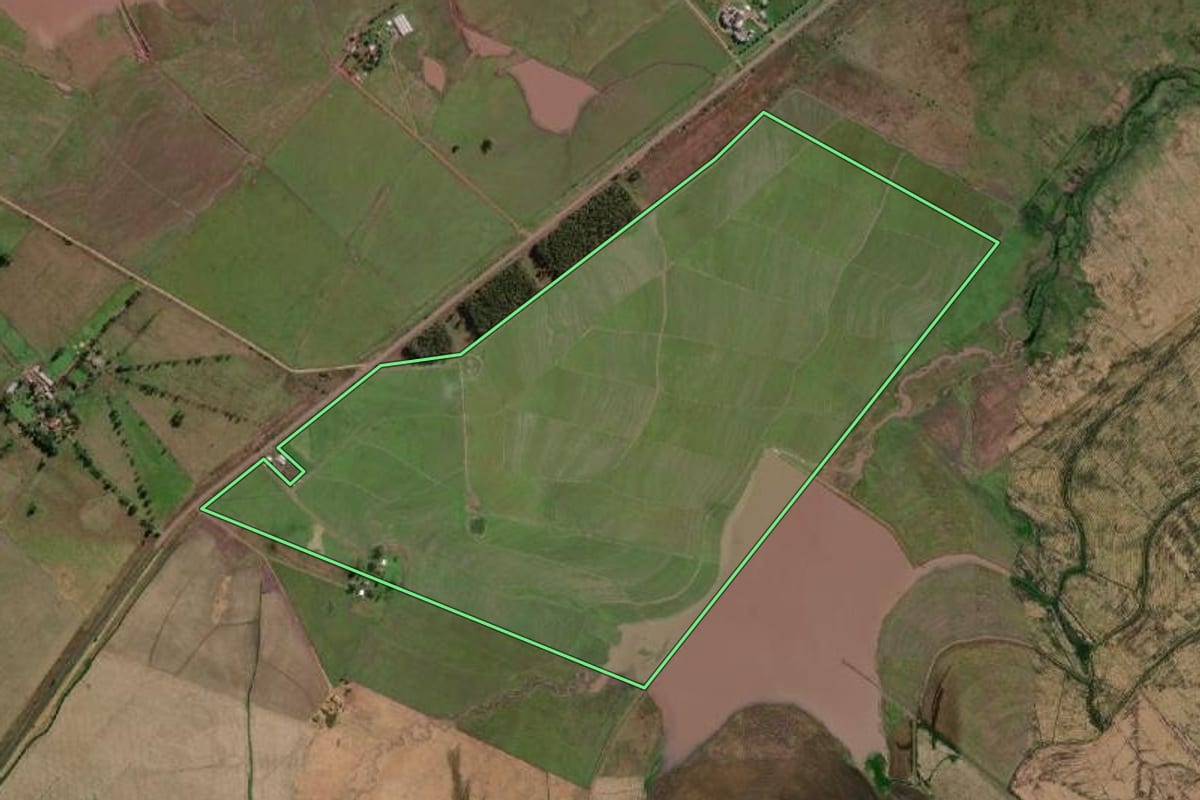 Imagem de satélite do imóvel rural em Uruguaiana (RS), com o contorno declarado no CAR desenhado por cima.