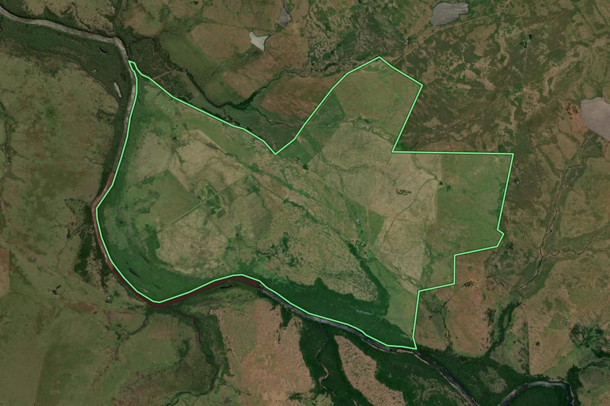 Imagem de satélite do imóvel rural em Uruguaiana (RS), com o contorno declarado no CAR desenhado por cima.