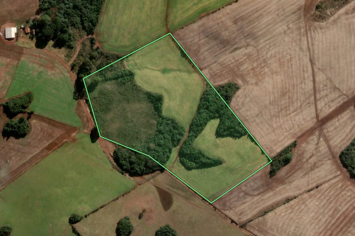 Imagem de satélite do imóvel rural em Vacaria (RS), com o contorno declarado no CAR desenhado por cima.