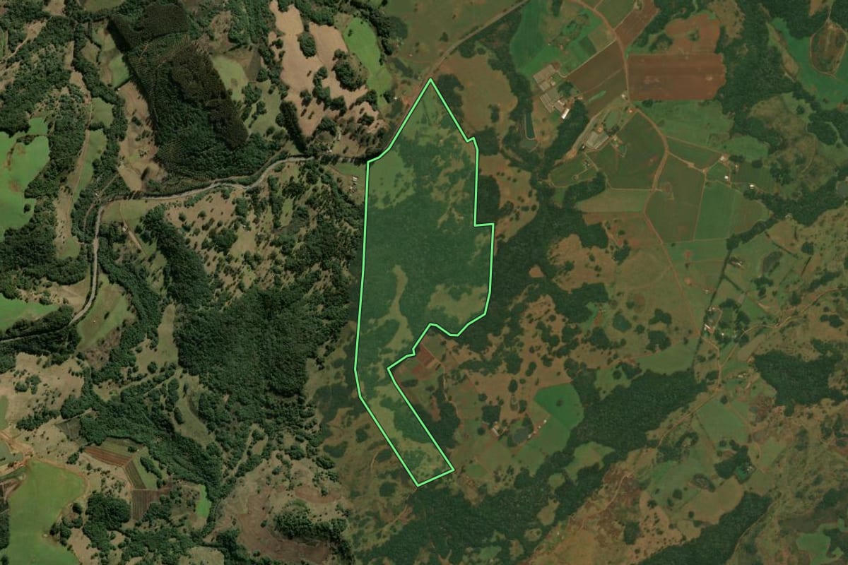Imagem de satélite do imóvel rural em Vacaria (RS), com o contorno declarado no CAR desenhado por cima.