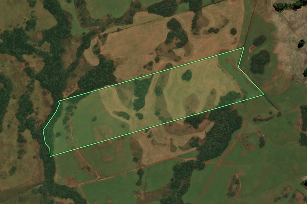 Imagem de satélite do imóvel rural em Vacaria (RS), com o contorno declarado no CAR desenhado por cima.