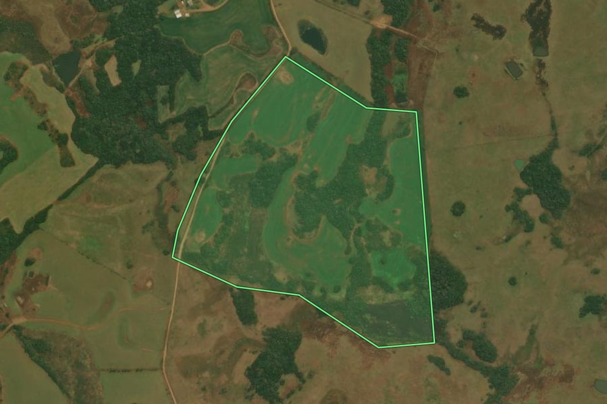 Imagem de satélite do imóvel rural em Vacaria (RS), com o contorno declarado no CAR desenhado por cima.